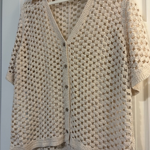 Open-Knit Button Front Short Sleeve Sweater - Cream - Picture 3 of 6